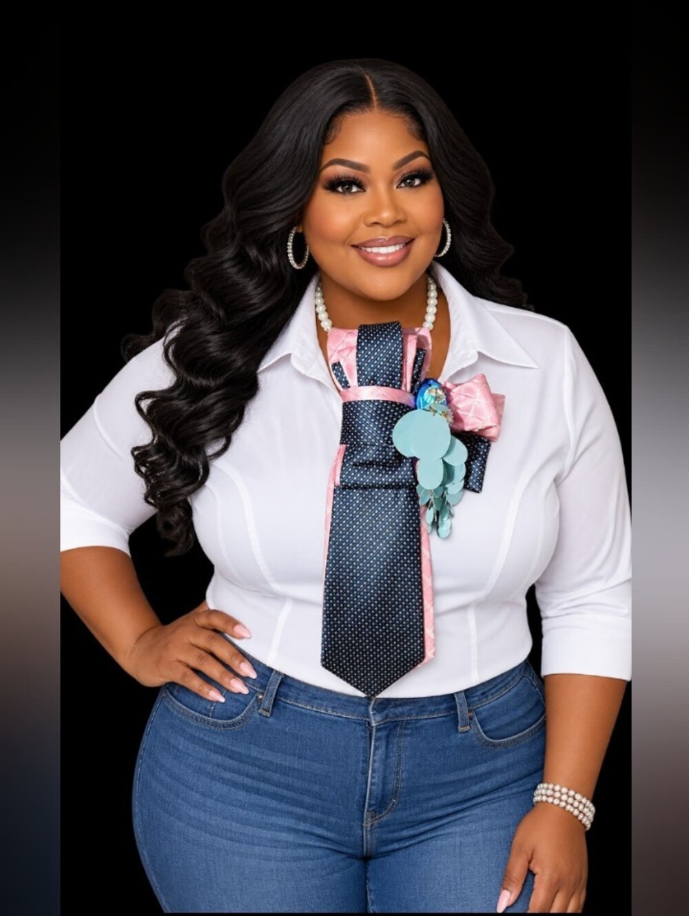 Pearl Accent Navy & Pink Statement Necktie Necklace